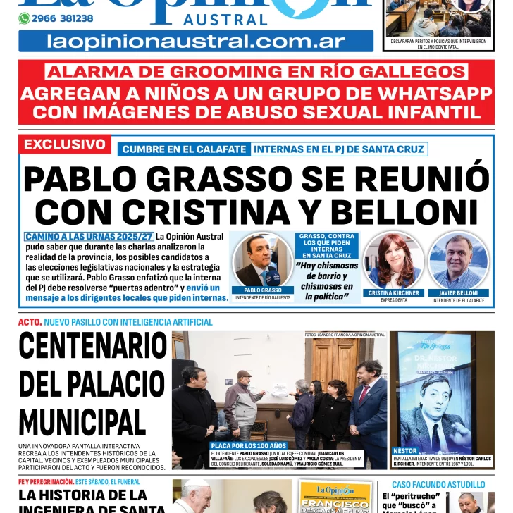 Tapa del Diario La Opinión Austral edición impresa del miércoles 23 de abril de 2025, Río Gallegos, Santa Cruz, Argentina