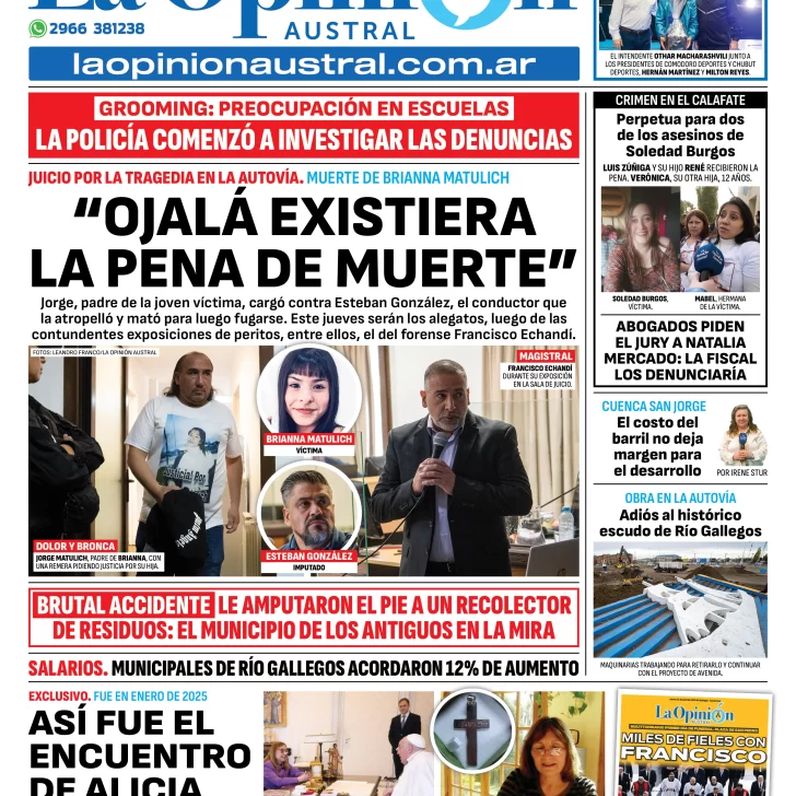 Tapa del Diario La Opinión Austral edición impresa del jueves 24 de abril de 2025, Río Gallegos, Santa Cruz, Argentina