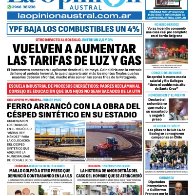 Tapa del Diario La Opinión Austral edición impresa del miércoles 30 de abril de 2025, Río Gallegos, Santa Cruz, Argentina