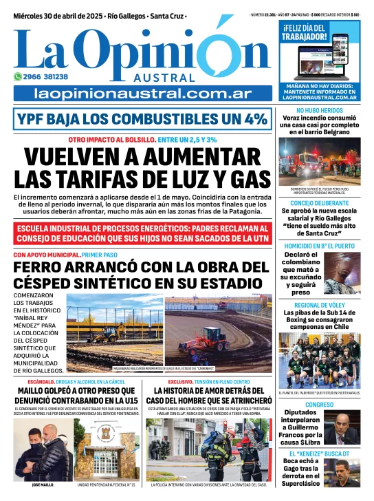 Tapa del Diario La Opinión Austral edición impresa del miércoles 30 de abril de 2025, Río Gallegos, Santa Cruz, Argentina