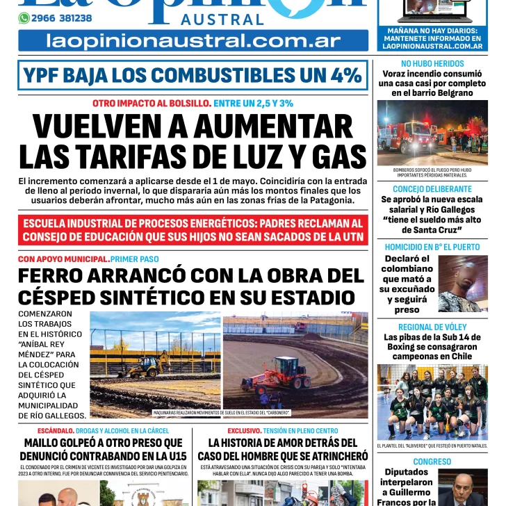 Tapa del Diario La Opinión Austral edición impresa del miércoles 30 de abril de 2025, Río Gallegos, Santa Cruz, Argentina