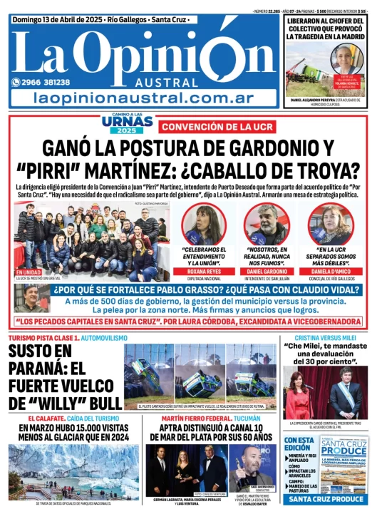 La tapa de La Opinión Austral del domingo 13. La tapa de La Opinión Austral del domingo 13.