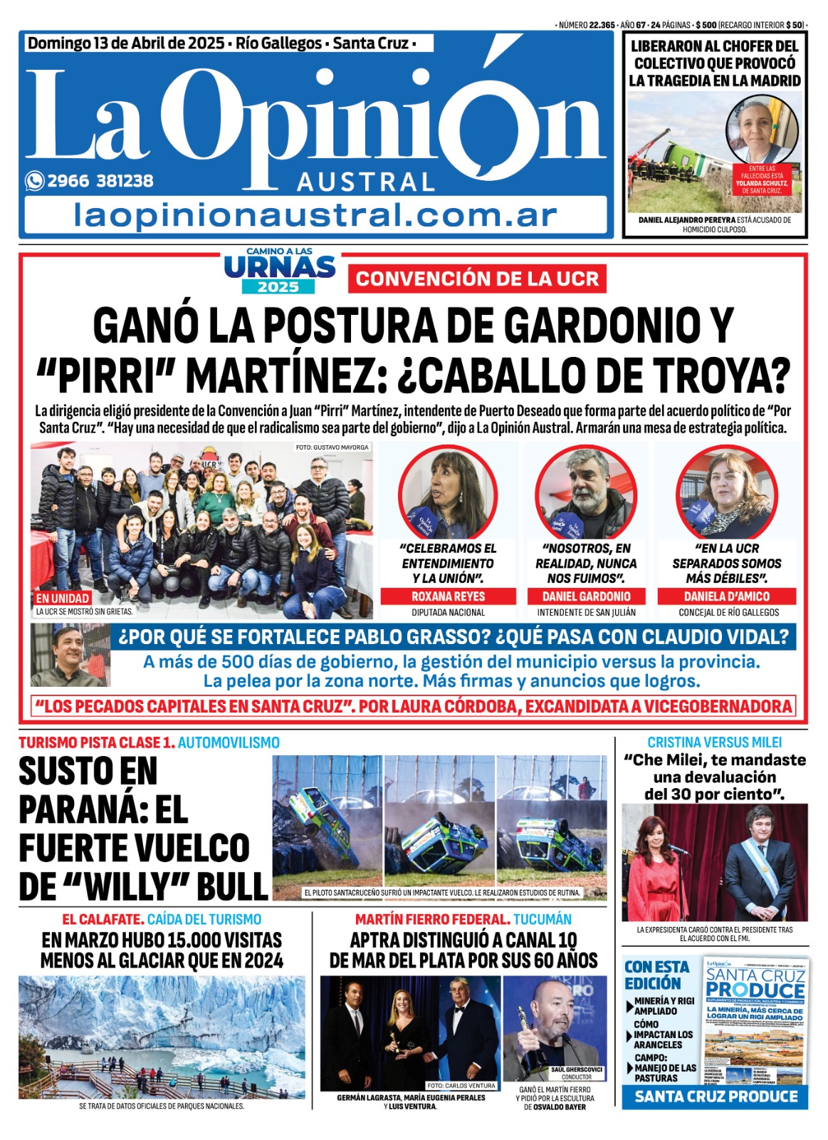  La tapa de La Opinión Austral del domingo 13.
