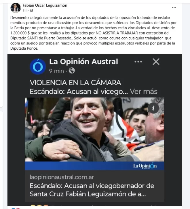 Leguizamón desmintió la agresión y afirmó que la discusión arrancó por un descuento salarial