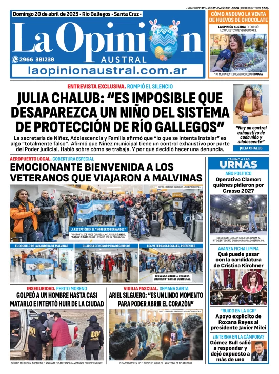 Tapa del Diario La Opinión Austral edición impresa del domingo 20 de abril de 2025, Río Gallegos, Santa Cruz, Argentina