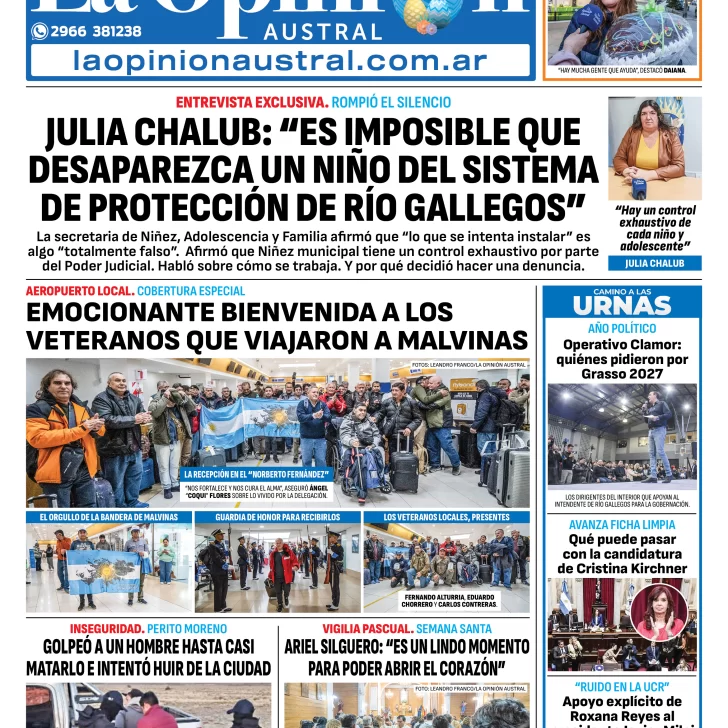 Tapa del Diario La Opinión Austral edición impresa del domingo 20 de abril de 2025, Río Gallegos, Santa Cruz, Argentina