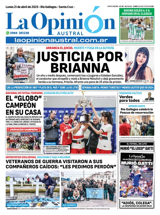Tapa del Diario La Opinión Austral edición impresa del lunes 21 de abril de 2025, Río Gallegos, Santa Cruz, Argentina