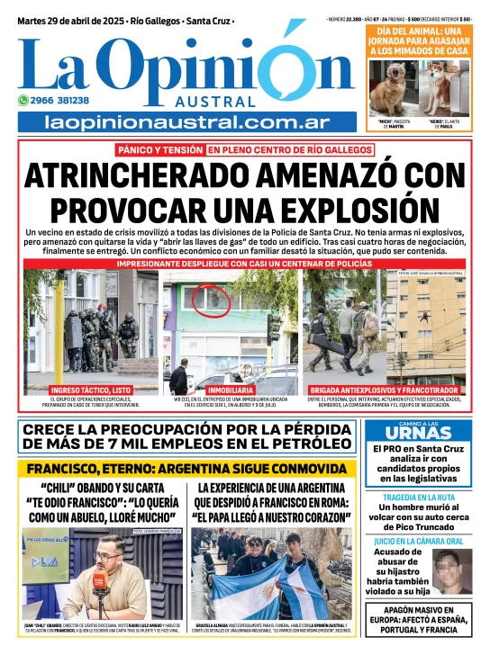 Tapa del Diario La Opinión Austral edición impresa del martes 29 de abril de 2025, Río Gallegos, Santa Cruz, Argentina