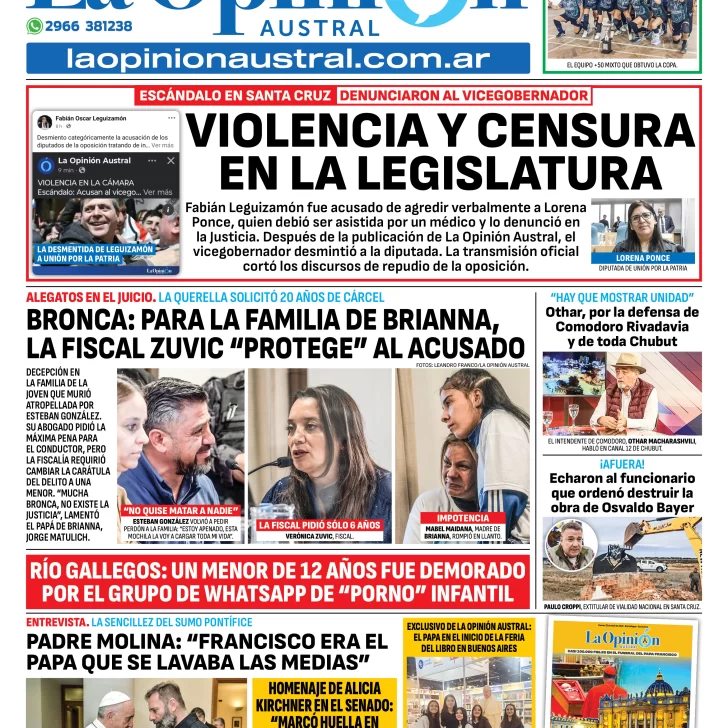 Tapa del Diario La Opinión Austral edición impresa del viernes 25 de abril de 2025, Río Gallegos, Santa Cruz, Argentina