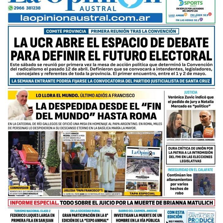 Tapa del Diario La Opinión Austral edición impresa del domingo 27 de abril de 2025, Río Gallegos, Santa Cruz, Argentina