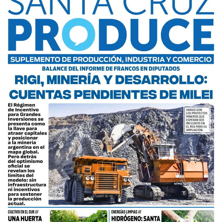 Tapa Suplemento Santa Cruz Produce: RIGI, minería y desarrollo: cuentas pendientes de Milei