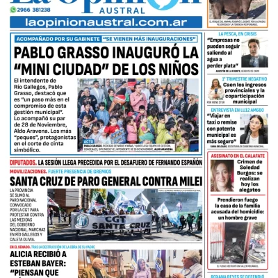 Tapa del Diario La Opinión Austral edición impresa del jueves 10 de abril de 2025, Río Gallegos, Santa Cruz, Argentina