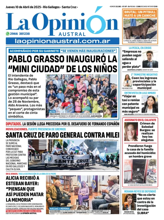 Tapa del Diario La Opinión Austral edición impresa del jueves 10 de abril de 2025, Río Gallegos, Santa Cruz, Argentina
