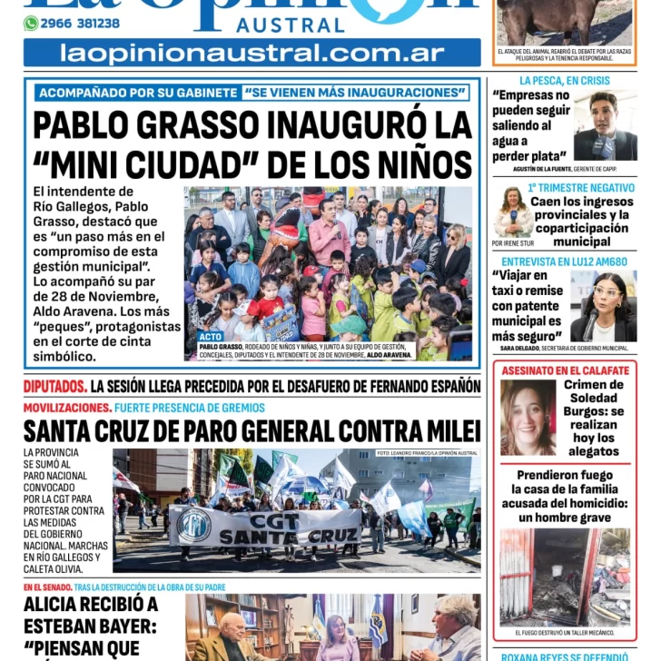 Tapa del Diario La Opinión Austral edición impresa del jueves 10 de abril de 2025, Río Gallegos, Santa Cruz, Argentina
