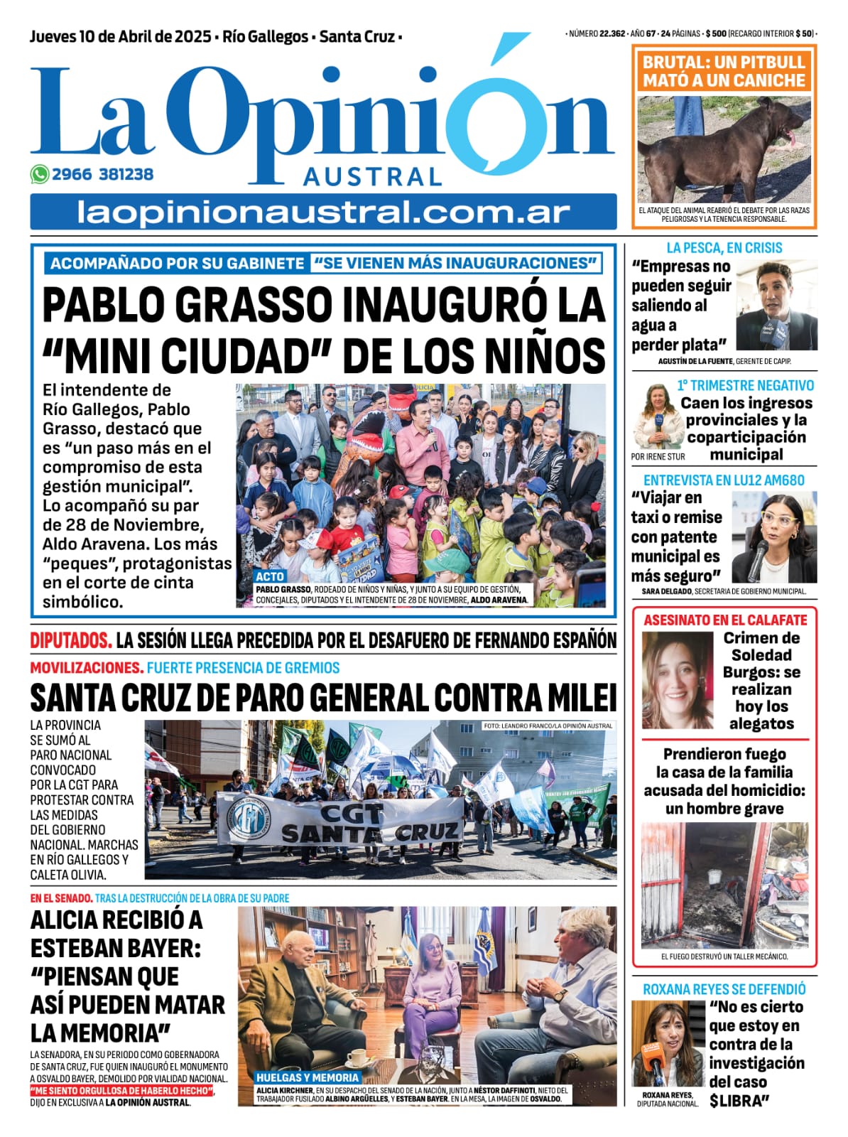  Tapa del Diario La Opinión Austral edición impresa del jueves 10 de abril de 2025.