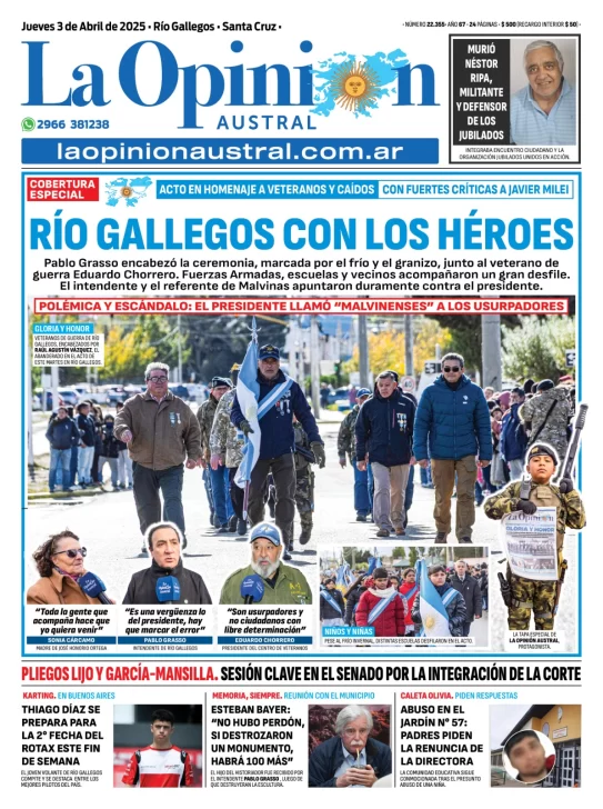 Tapa del Diario La Opinión Austral edición impresa del jueves 3 de abril de 2025, Río Gallegos, Santa Cruz, Argentina