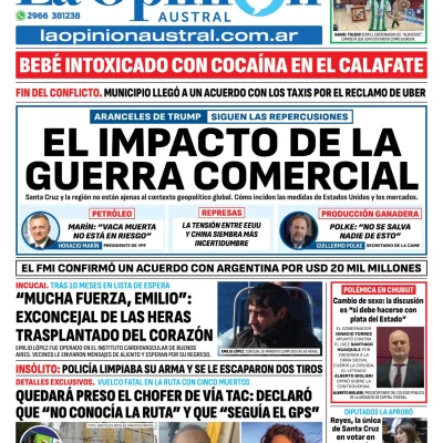 Tapa del Diario La Opinión Austral edición impresa del miércoles 9 de abril de 2025, Río Gallegos, Santa Cruz, Argentina