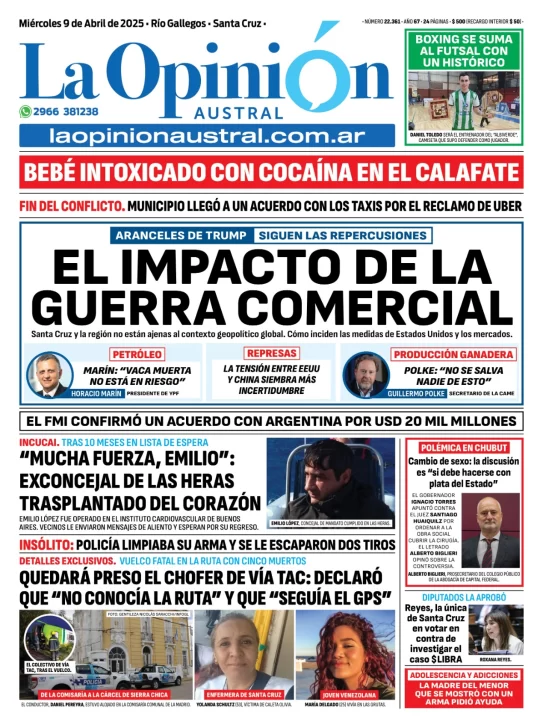 Tapa del Diario La Opinión Austral edición impresa del miércoles 9 de abril de 2025, Río Gallegos, Santa Cruz, Argentina