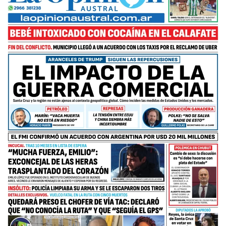 Tapa del Diario La Opinión Austral edición impresa del miércoles 9 de abril de 2025, Río Gallegos, Santa Cruz, Argentina