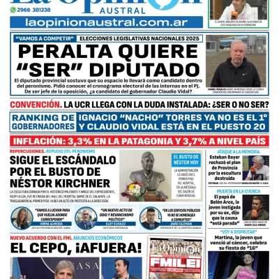 Tapa del Diario La Opinión Austral edición impresa del sábado 12 de abril de 2025, Río Gallegos, Santa Cruz, Argentina