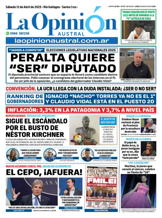Tapa del Diario La Opinión Austral edición impresa del sábado 12 de abril de 2025, Río Gallegos, Santa Cruz, Argentina