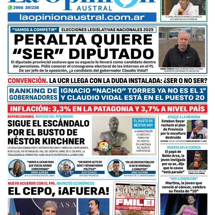 Tapa del Diario La Opinión Austral edición impresa del sábado 12 de abril de 2025, Río Gallegos, Santa Cruz, Argentina