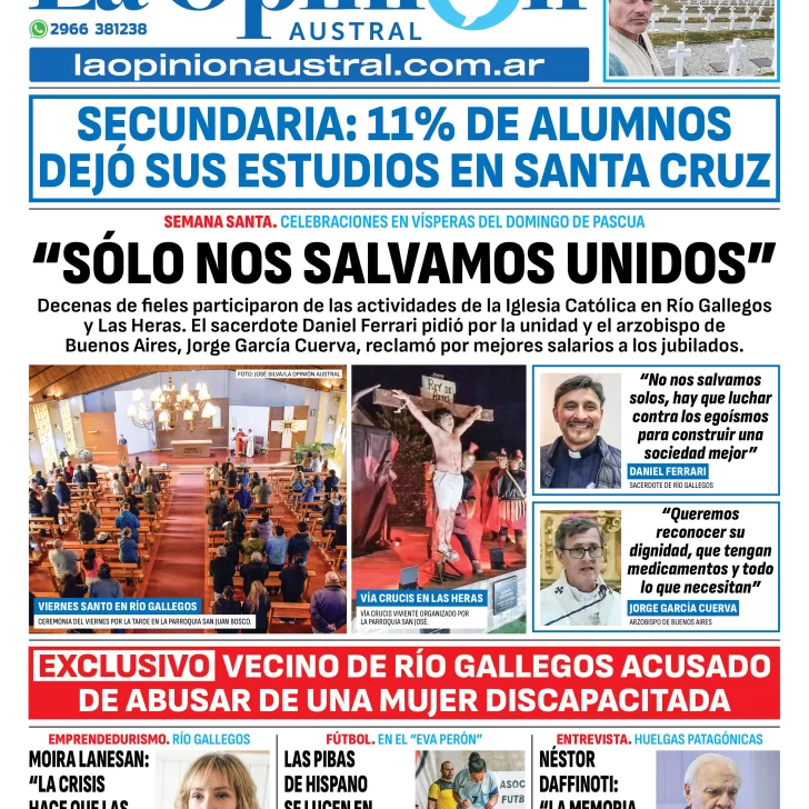 Tapa del Diario La Opinión Austral edición impresa del sábado 19 de abril de 2025, Río Gallegos, Santa Cruz, Argentina