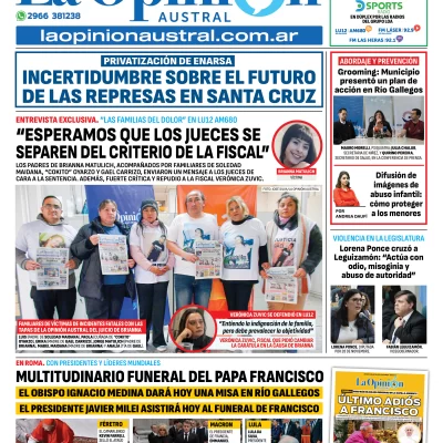 Tapa del Diario La Opinión Austral edición impresa del sábado 26 de abril de 2025, Río Gallegos, Santa Cruz, Argentina