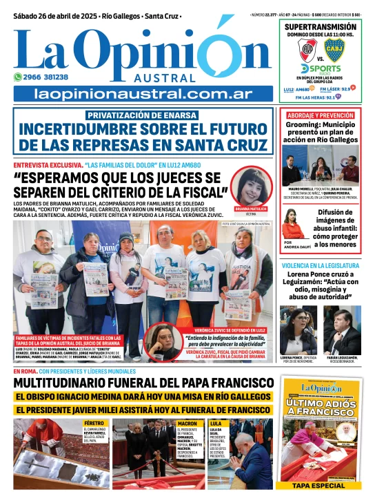 Tapa del Diario La Opinión Austral edición impresa del sábado 26 de abril de 2025, Río Gallegos, Santa Cruz, Argentina