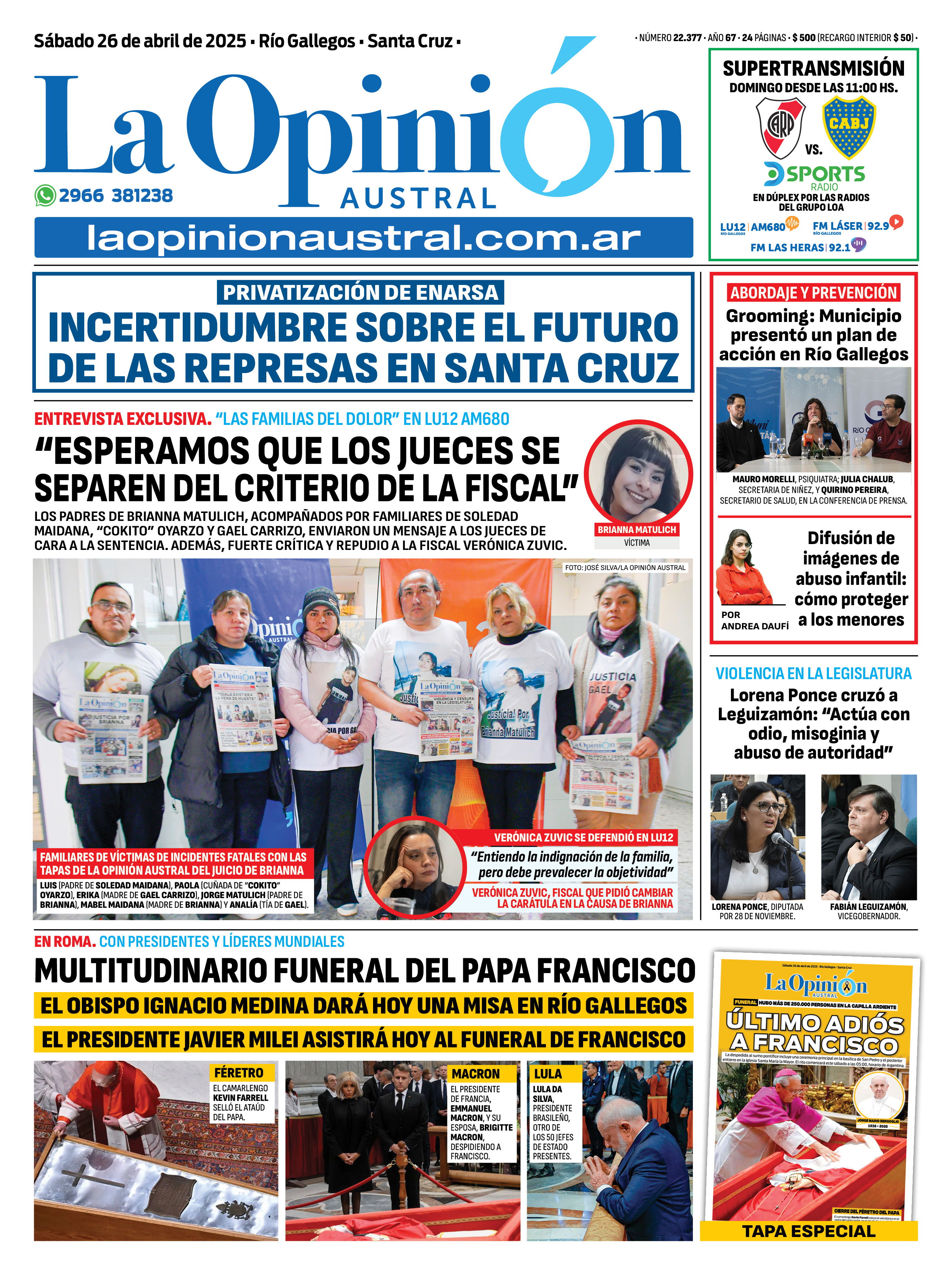 Tapa Especial de La Opinión Austral: último adiós a Francisco