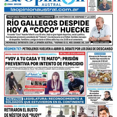 Tapa del Diario La Opinión Austral edición impresa del viernes 11 de abril de 2025, Río Gallegos, Santa Cruz, Argentina
