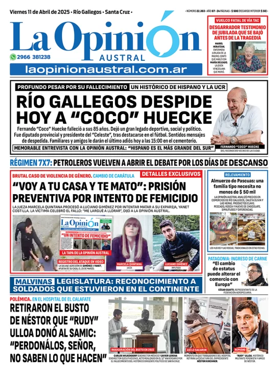 Tapa del Diario La Opinión Austral edición impresa del viernes 11 de abril de 2025, Río Gallegos, Santa Cruz, Argentina