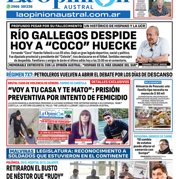 Tapa del Diario La Opinión Austral edición impresa del viernes 11 de abril de 2025, Río Gallegos, Santa Cruz, Argentina
