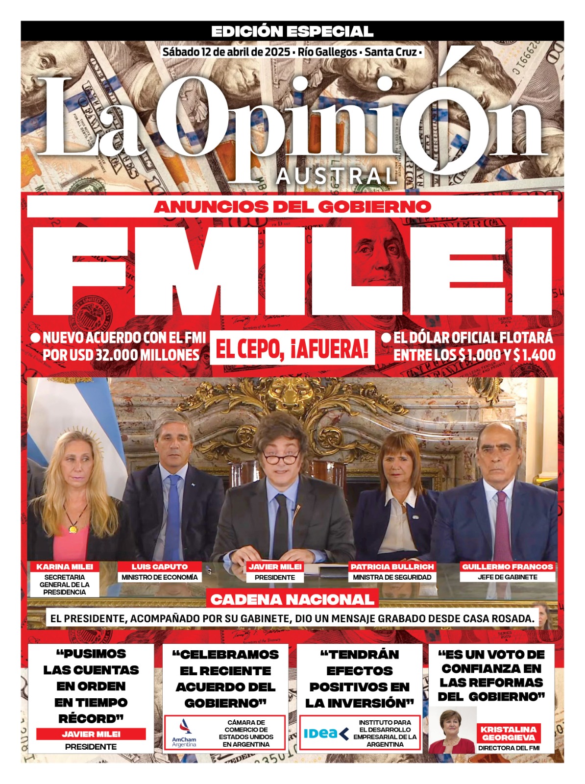 Tapa del Diario La Opinión Austral edición impresa del sábado 12 de abril de 2025, Río Gallegos, Santa Cruz, Argentina