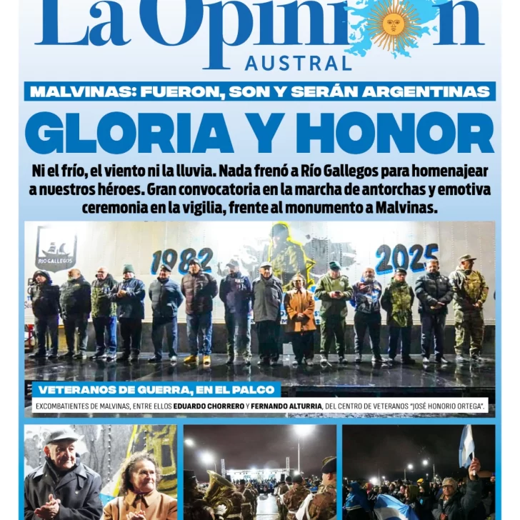 Tapa especial de La Opinión Austral: Gloria y Honor a los héroes de la guerra de Malvinas