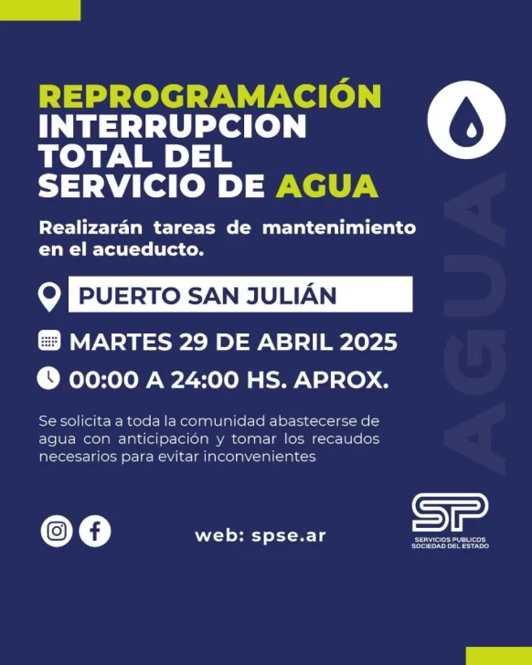 Corte total de agua en Puerto San Julián: ¿Qué día será? Corte total de agua en Puerto San Julián: ¿Qué día será?