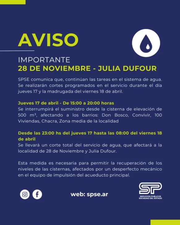 Corte total de agua en 28 de Noviembre y Julia Dufour: a qué hora será