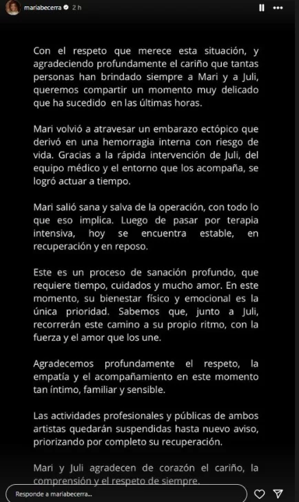 Qué dice el comunicado oficial sobre la salud de María Becerra: &#8220;Un momento muy delicado&#8230;&#8221;