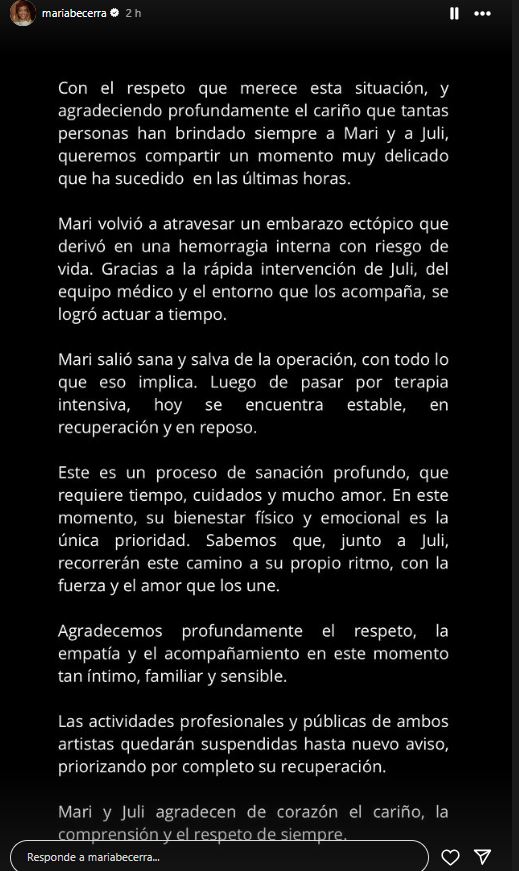 Qué dice el comunicado oficial sobre la salud de María Becerra: &#8220;Un momento muy delicado&#8230;&#8221;
