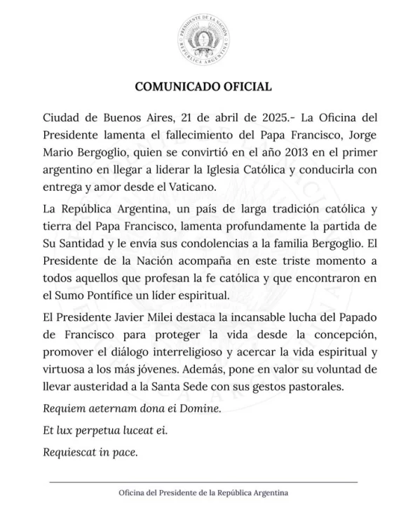 El gobierno argentino lamentó el fallecimiento del Papa El gobierno argentino lamentó el fallecimiento del Papa