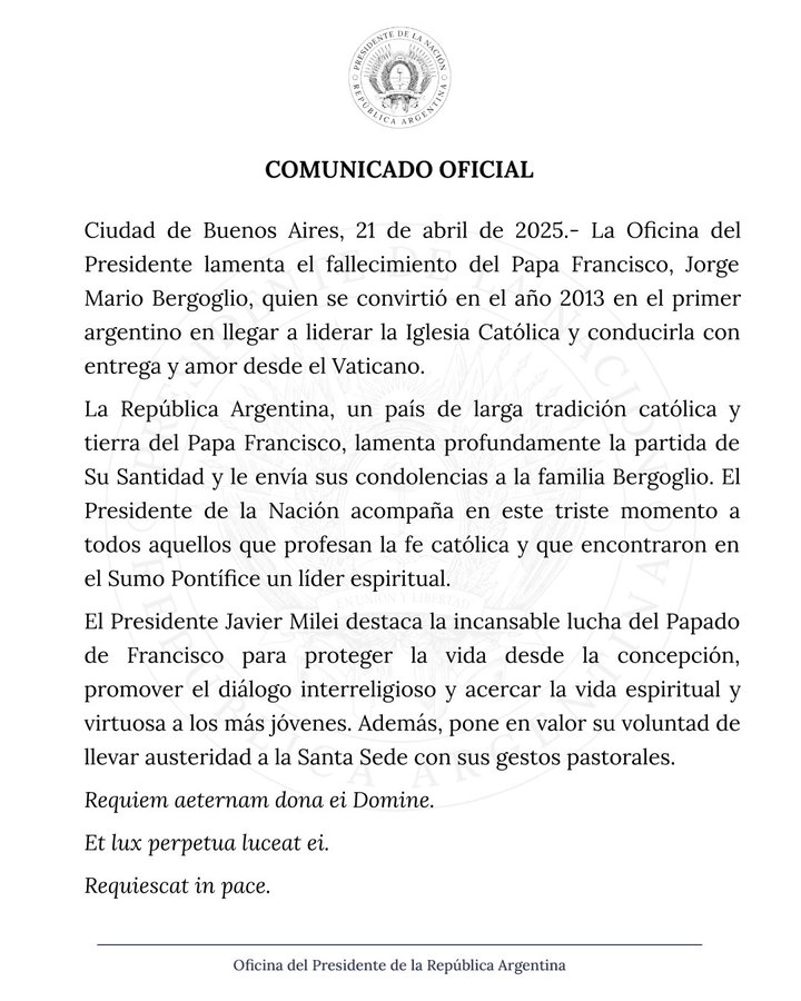 El gobierno argentino lamentó el fallecimiento del Papa