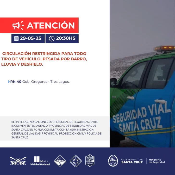 Restringen la circulación para todo tipo de vehículos en una ruta de Santa Cruz