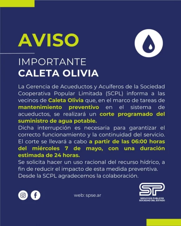 Anuncian un corte de agua de 24 horas en Caleta Olivia