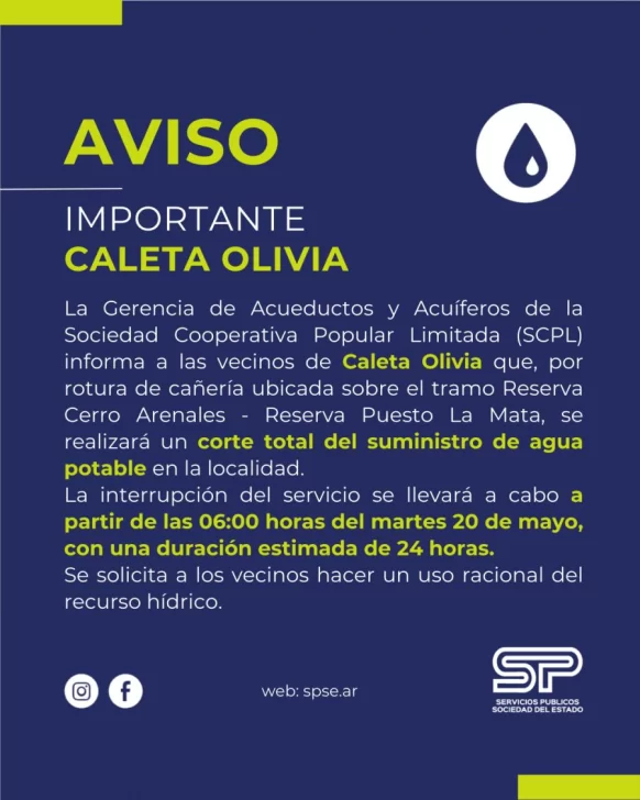 Anuncian corte total de agua por 24 horas en Caleta Olivia