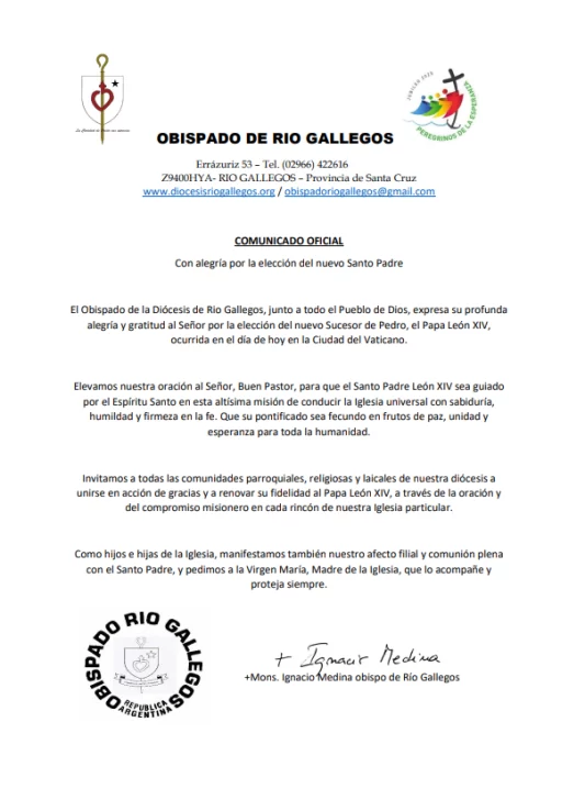 El Obispado de Río Gallegos celebró la elección del Papa León XIV y pidió que “el Espíritu Santo lo guíe en su pontificado” El Obispado de Río Gallegos celebró la elección del Papa León XIV y pidió que “el Espíritu Santo lo guíe en su pontificado”
