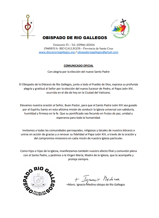 El Obispado de Río Gallegos celebró la elección del Papa León XIV y pidió que &#8220;el Espíritu Santo lo guíe en su pontificado&#8221;