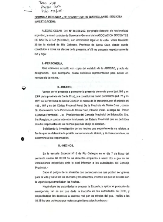  La primera página de la denuncia en la justicia. (La Opinión Austral).