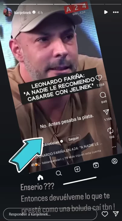 La reacción de Karina Jelinek tras la reaparición pública de Leonardo Fariña: &#8220;Devolveme lo que te presté&#8221;