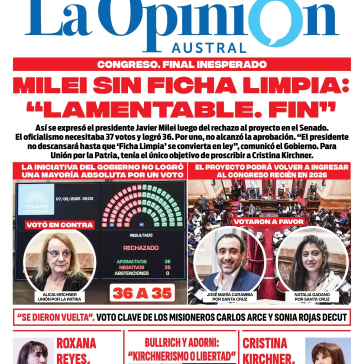 Tapa Especial de La Opinión Austral: Milei sin ficha limpia