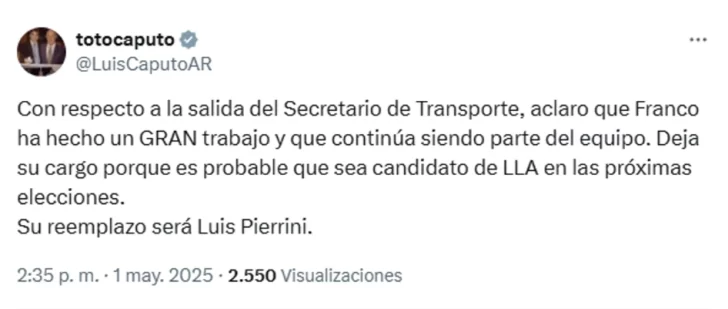 Javier Milei desplazó a Franco Mogetta de la Secretaría de Transporte